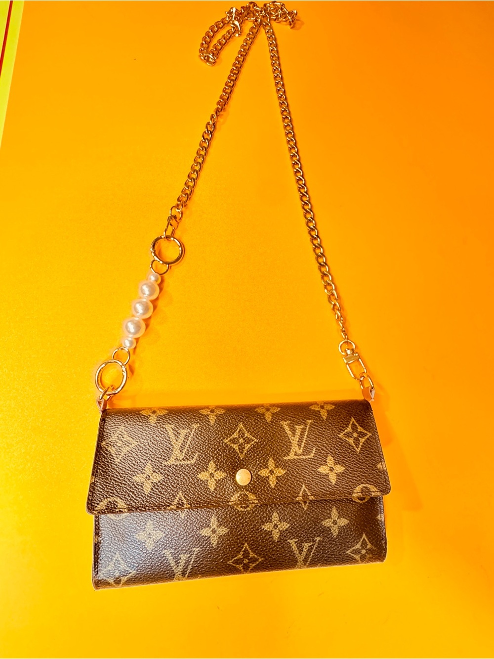 Louis Vuitton Brown Monogram Wallet Crossbody with Pearl Charm and Gold Chain - Picture 7 of 14